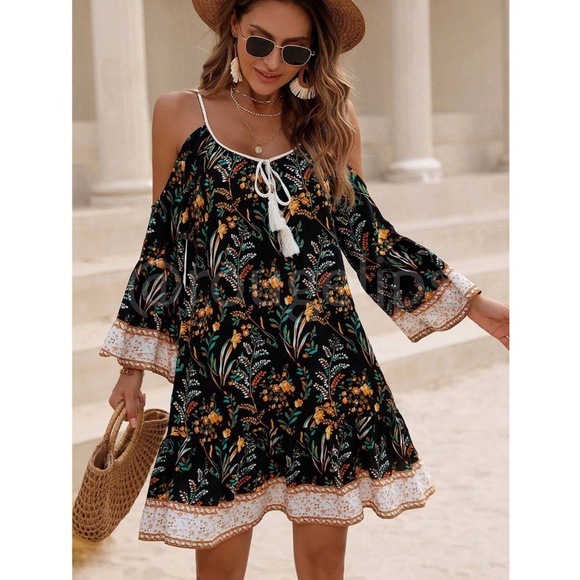 Rouge! Dresses & Skirts - Black Cold Shoulder Tassel Detail Loose Fitting Mini Dress Short Floral Print